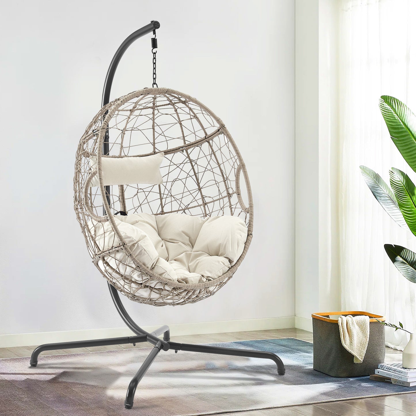 Patio Swing Egg Chair Basket Rattan Hanging Lounge Chair with Stand and Cushions