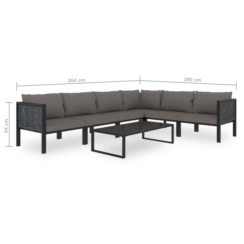 Modern vidaXL 7 Piece Patio Lounge Set with anthracite cushions. Durable poly rattan construction, L-shaped sectional, and sleek coffee table for outdoor comfort.