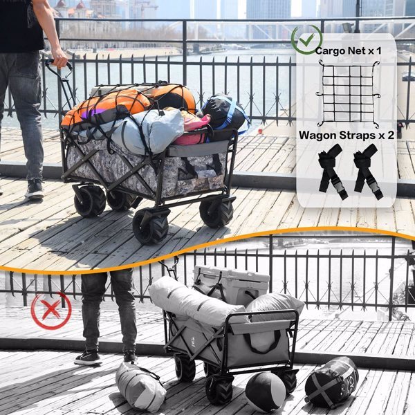 Foldable ATV wagon loaded with camping gear, featuring a cargo net and straps for secure transportation outdoors.