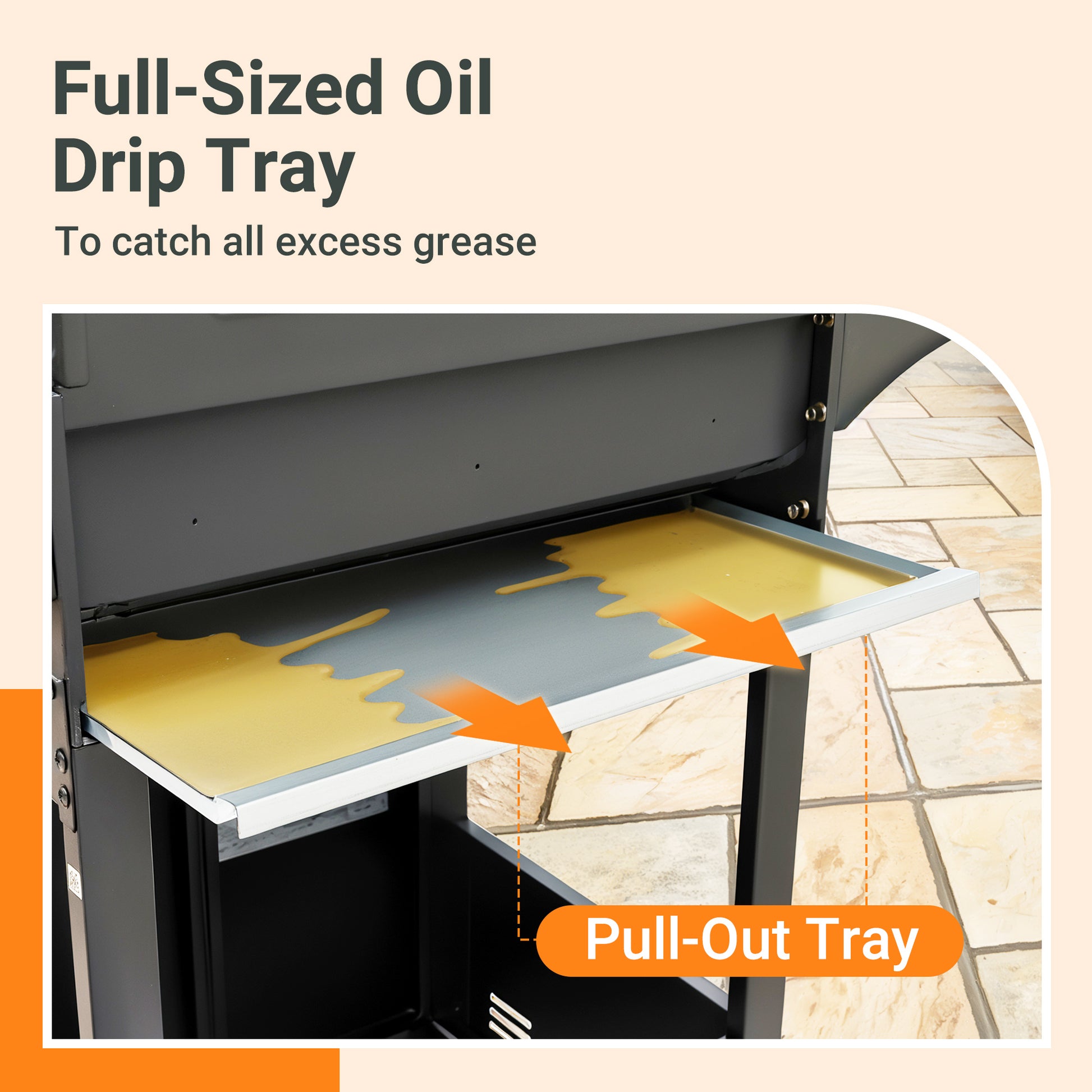 Full-sized pull-out oil drip tray for catching excess grease, ensuring easy cleaning and maintenance of the stainless steel gas grill.