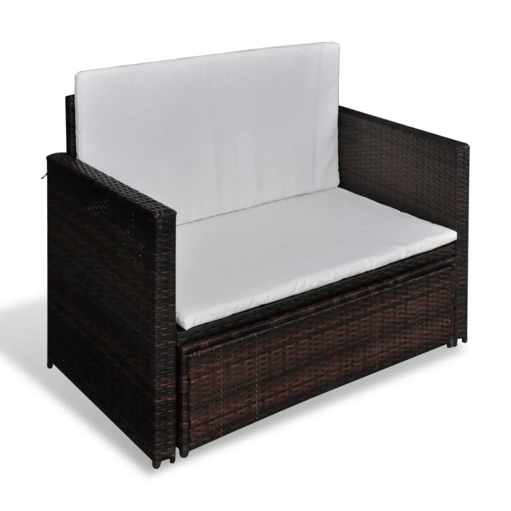 vidaXL Patio Sofa in brown poly rattan with white cushions, perfect for outdoor seating. Stylish and durable design for gardens and patios.