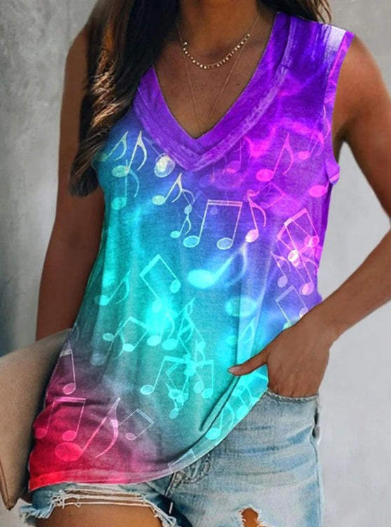 Ladies' V-neck Note Printed Fashionable Casual Camisole Vest