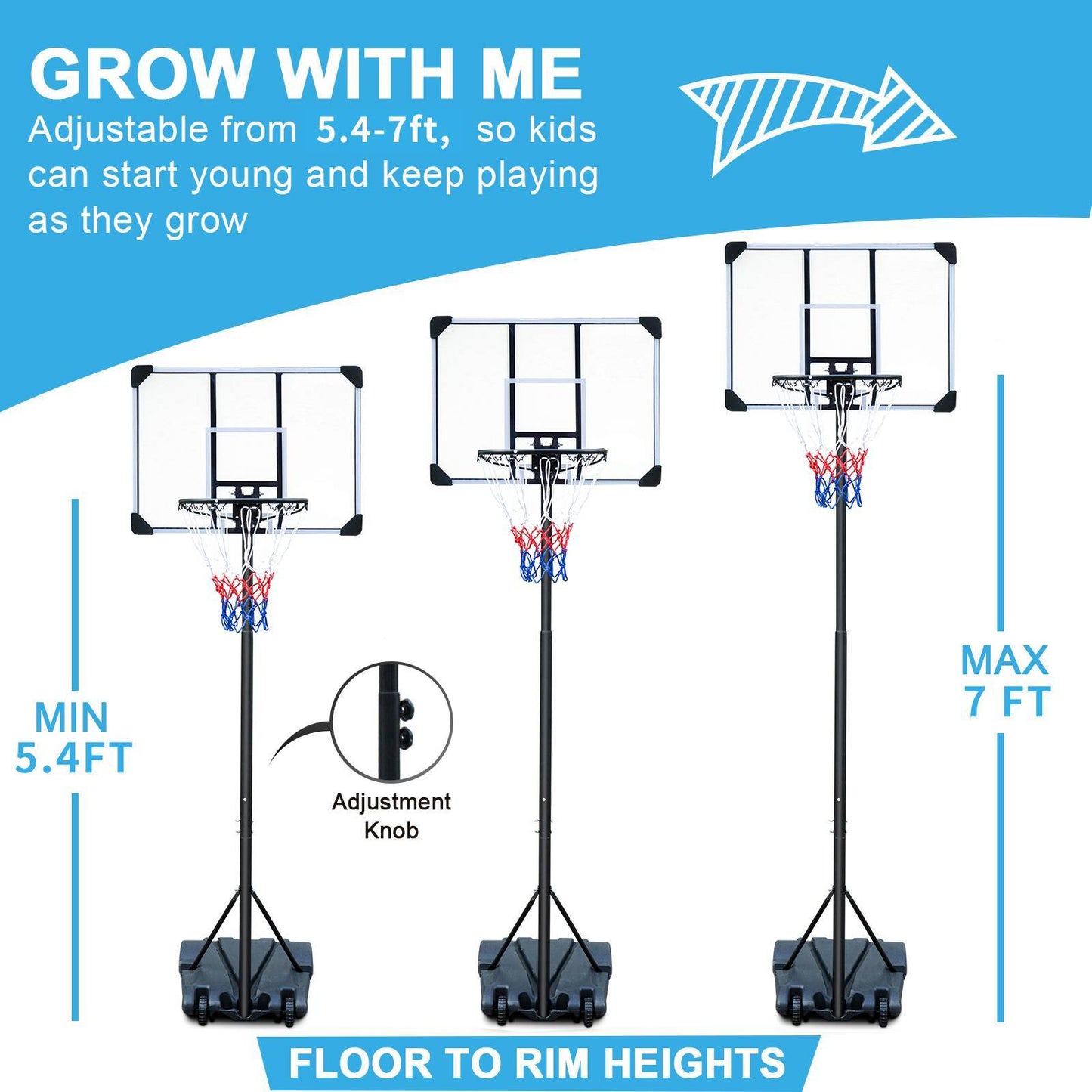 Portable Basketball Hoop Stand W Wheels 5.4ft 7ft For Indoor Outdoor Basketball