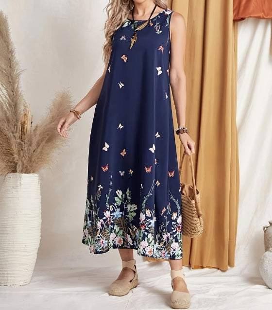 Ladies' Printed Butterfly Round Neck Off Shoulder Fashionable Casual Jumpsuit Long Skirt