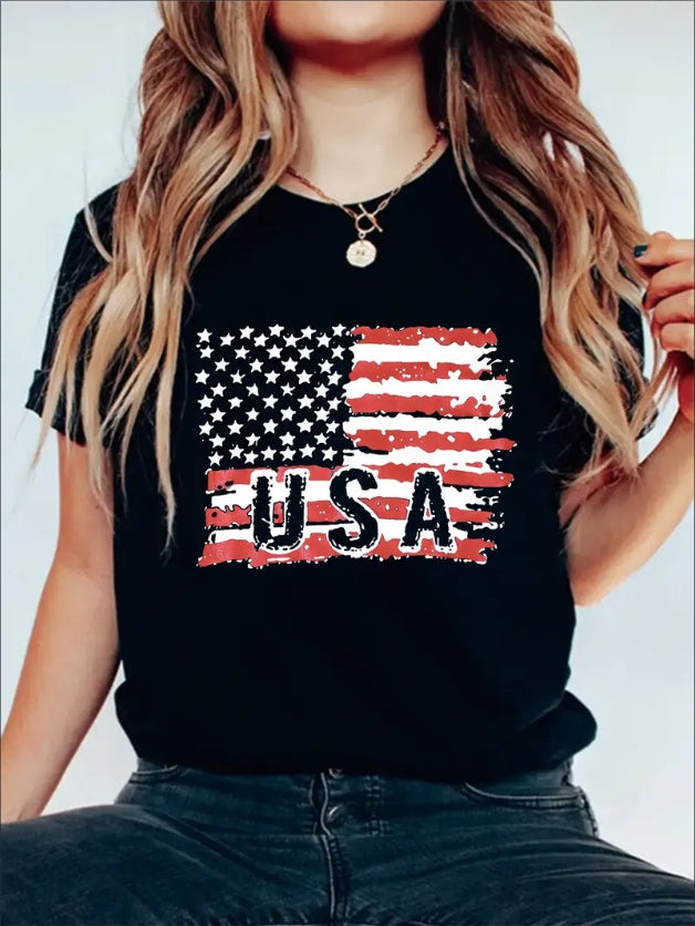 USA Flag Graphic Print Solid T-Shirt, Crew Neck Short Sleeve Casual Top For Summer & Spring, Women's Clothing