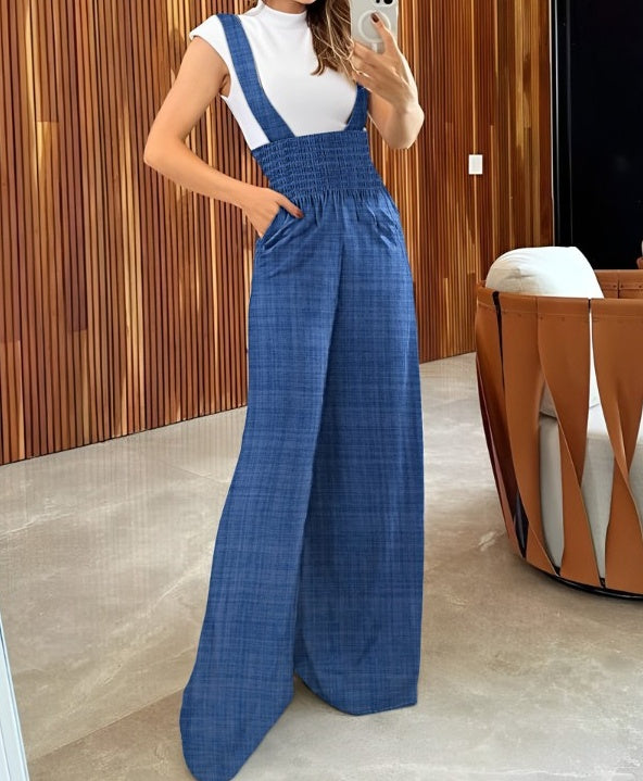 Women's Solid Color Versatile Fashion Casual Wide Leg Shoulder Strap Jumpsuit